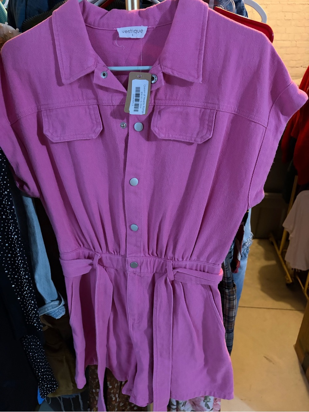 NWT vestique Bright Pink Queen of Hearts Denim Romper💗